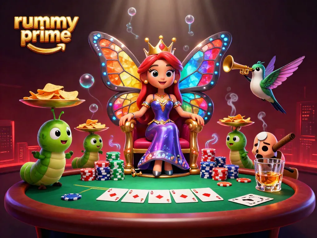 Experience the vibrant gaming world with rummy prime, featuring a butterfly queen and colorful poker elements in a dynamic illustration.