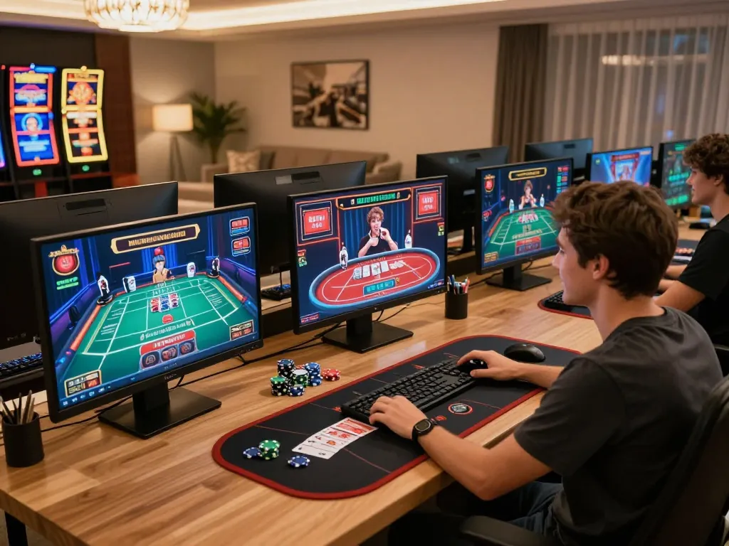 Engaging individual playing ดูหนัง online poker with multiple screens showcasing casino games, creating a vibrant home gaming atmosphere.
