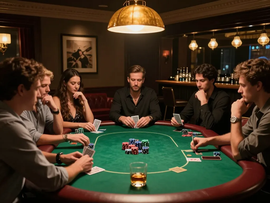 Engaged poker players strategizing at a high-stakes game in a luxurious setting with 388bet.