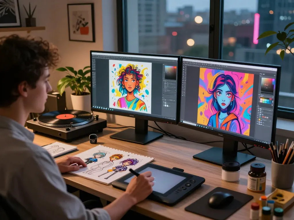 Creative artist working on NSFW AI-generated artwork in a vibrant studio.