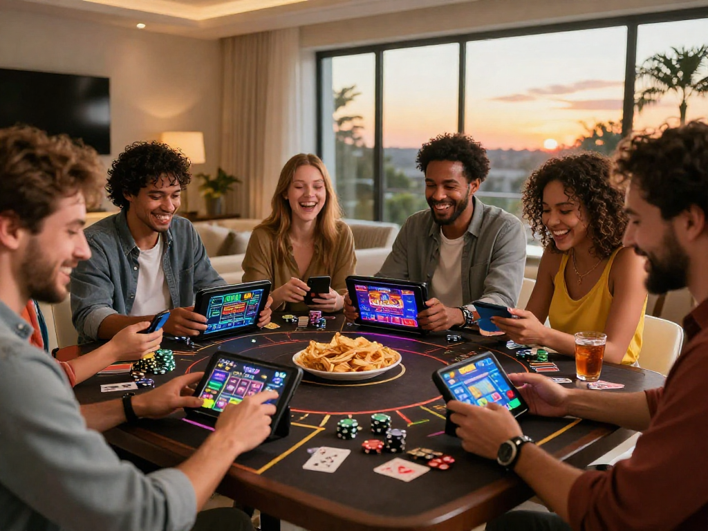 Friends playing USA casinos for UK players in a lively home atmosphere with engaging mobile games.