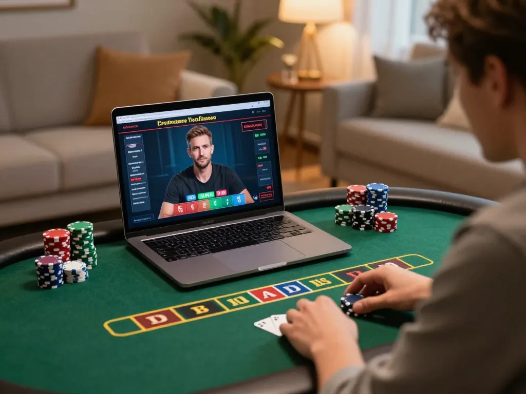 LIGA2000 player focusing on strategic poker gameplay in a cozy home setting.