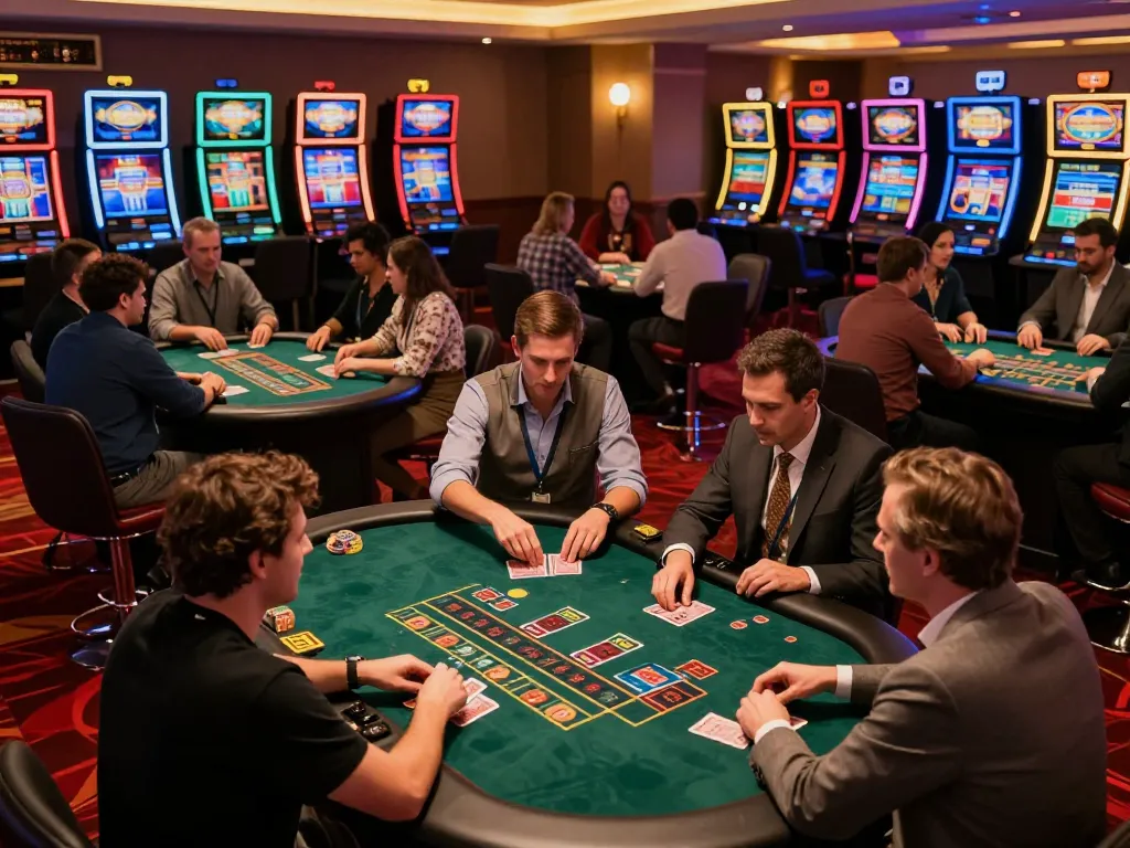 Players engage in thrilling blackjack gameplay at casinosscope, with a dealer's cards mid-shuffle and betting excitement visible.