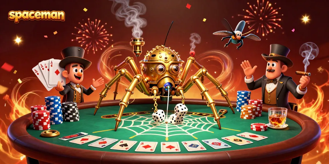 Experience the thrill of the spaceman slot game with a steampunk golden spider and poker elements.