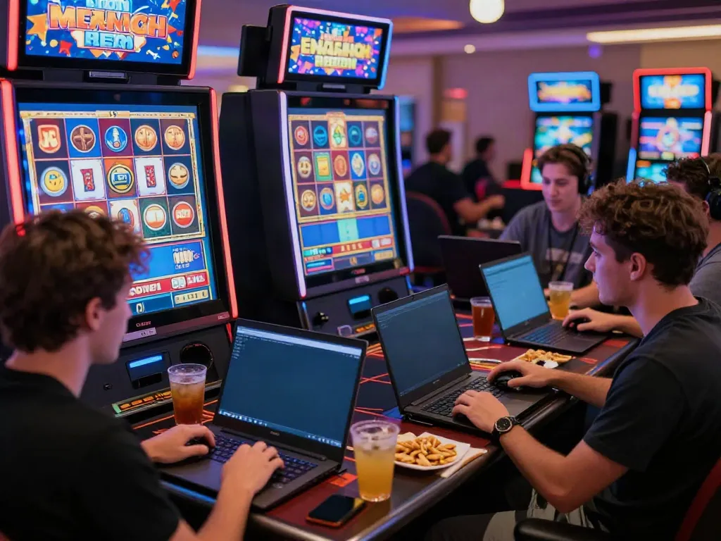 Engaged players experiencing akunjp at a vibrant online casino setup.