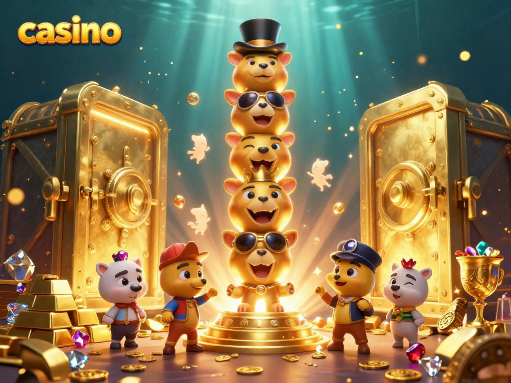 Engage with vibrant casino-themed 3D illustration featuring golden treasures and lively characters.