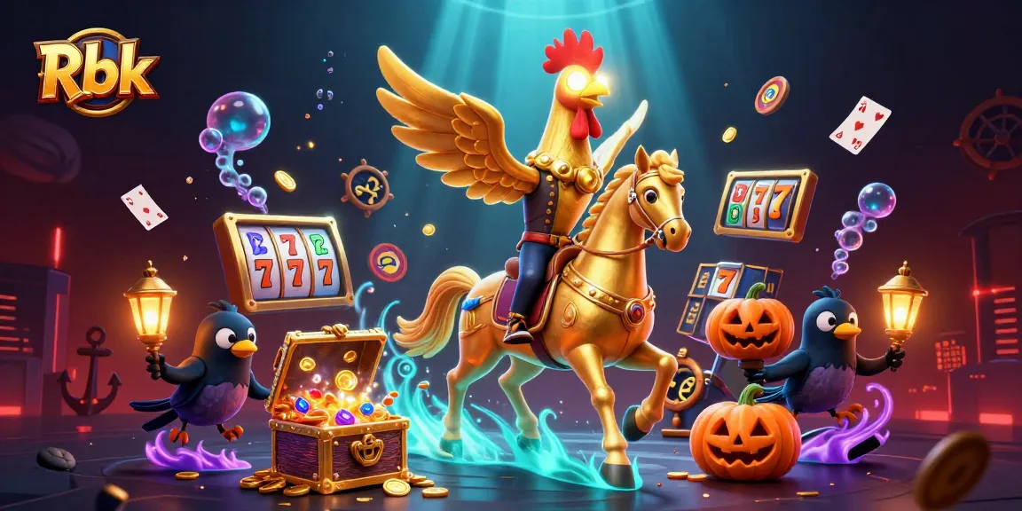 Rbk showcases a golden rooster and spectral horse amidst slot machines and shimmering treasures, embodying the thrill of gaming.