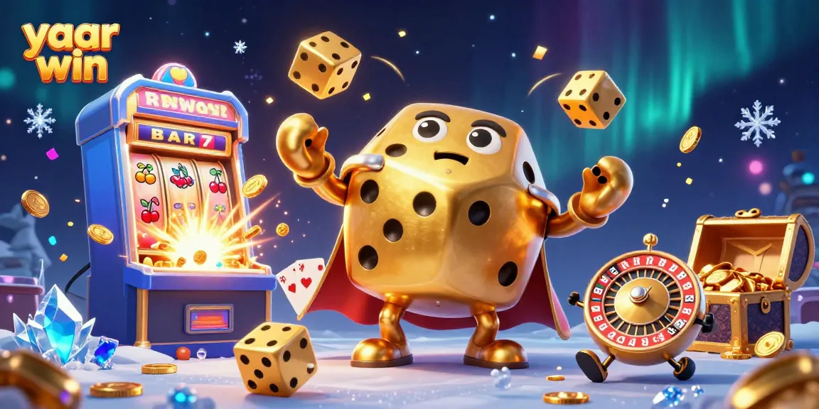 Engage with yaar win as golden dice juggle amidst colorful casino elements and jackpot delights.