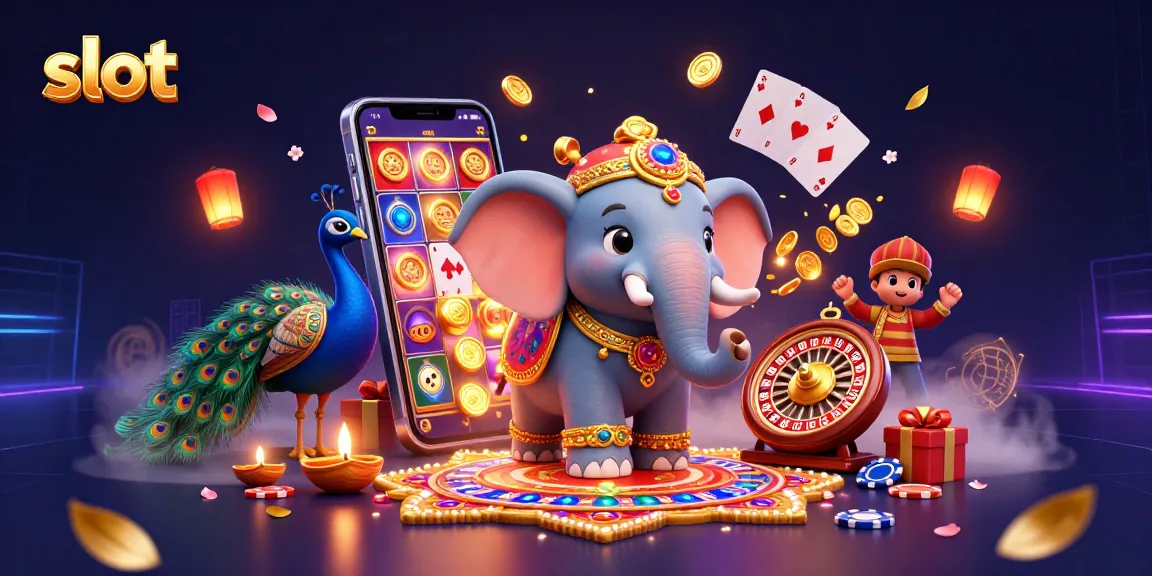 Slot dengan putaran reels dan elemen kasino di latar belakang yang kemerahan.