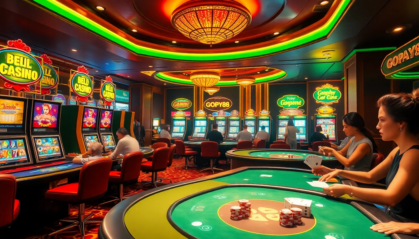Gopay88 casino gaming area featuring elegant tables and vibrant slot machines.