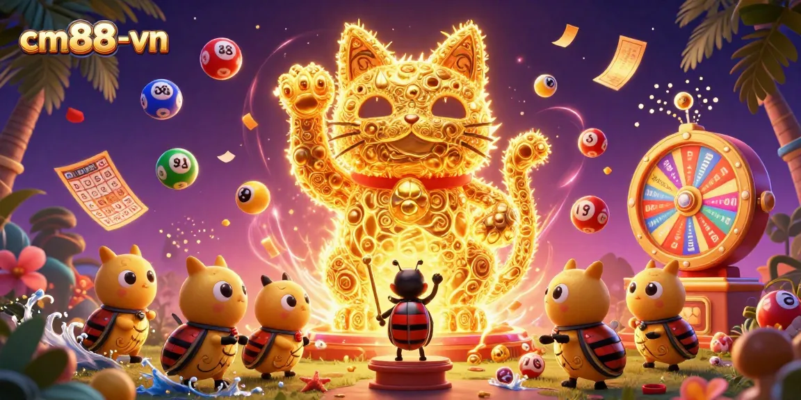 Experience entertainment with the cm88-vn lucky cat in a vibrant casino illustration full of excitement.