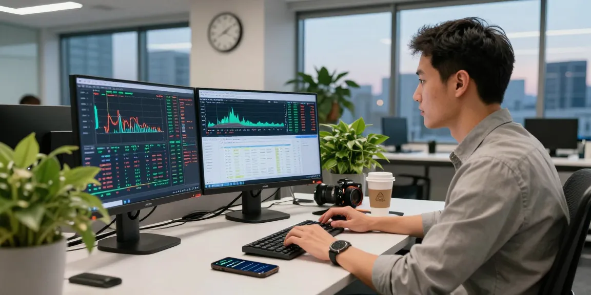 Seorang trader kakakjudi menganalisis data pasar di kantor modern, fokus pada layar komputer.