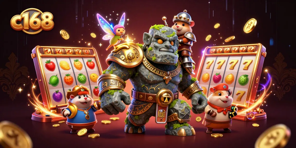 C168 slots come alive as stone golem, fairy, and hamster knight enchanted in a vibrant casino scene
