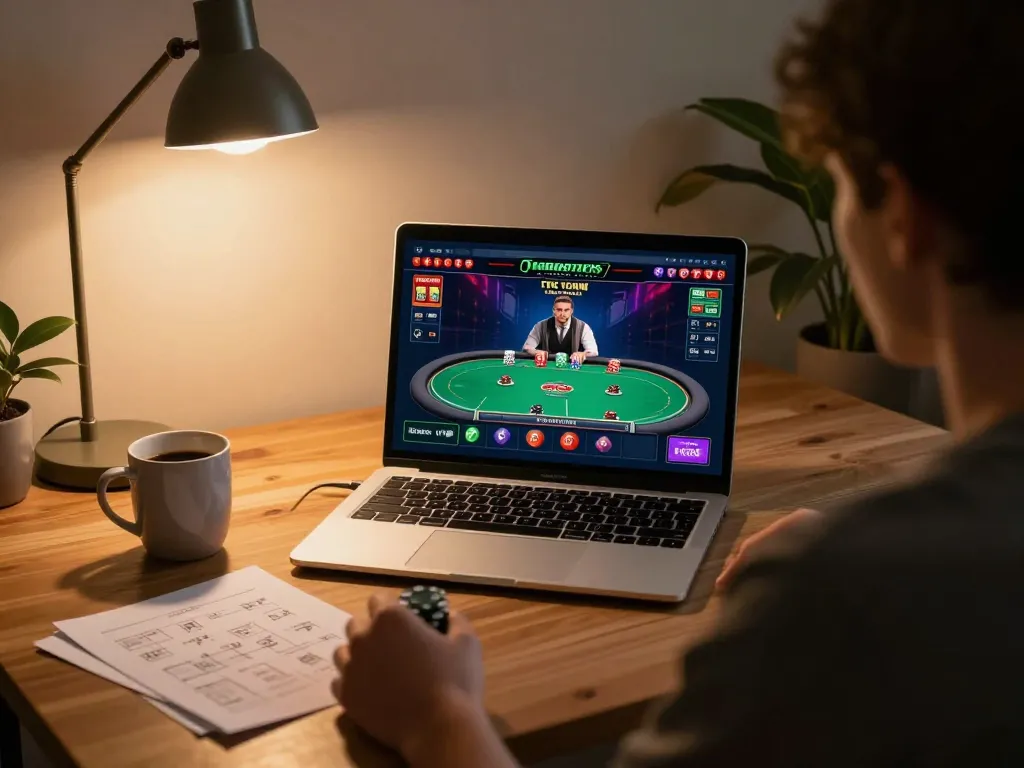 Engaged player enjoying hytw3339a online casino experience at home with poker game on laptop.