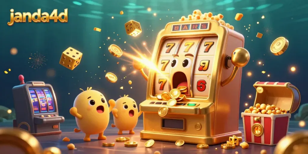 Mesin slot janda4d merayakan kemenangan jackpot dengan koin berhamburan.