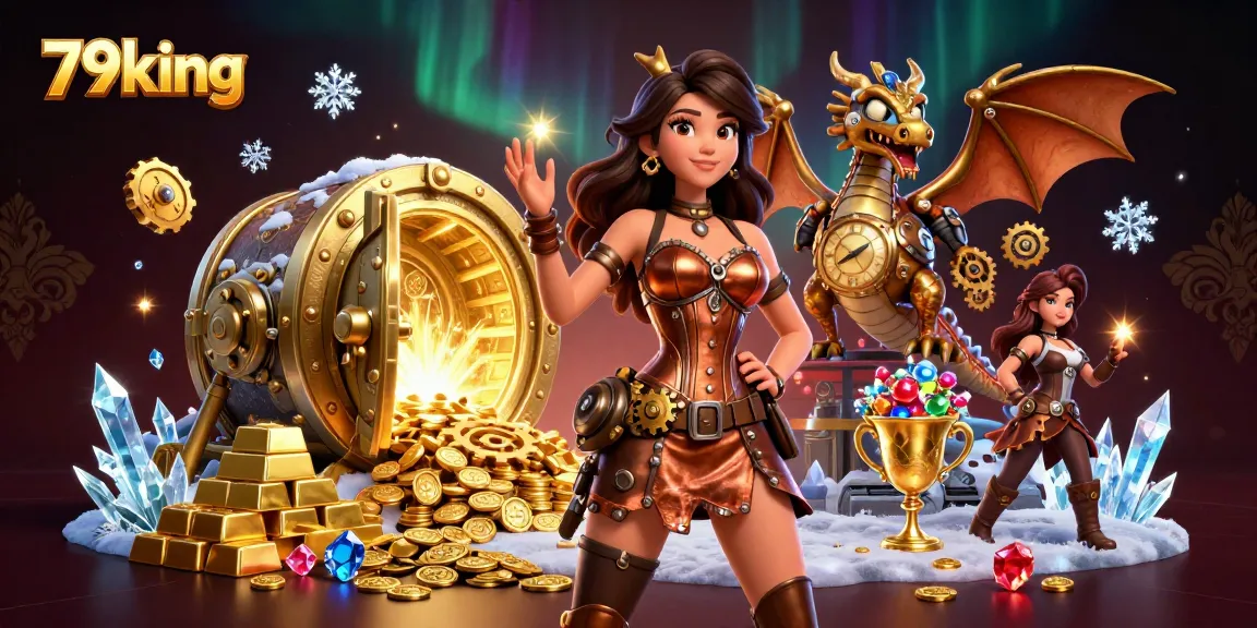 Immerse in the excitement of 79king with a dynamic casino scene showcasing treasures and 3D characters.