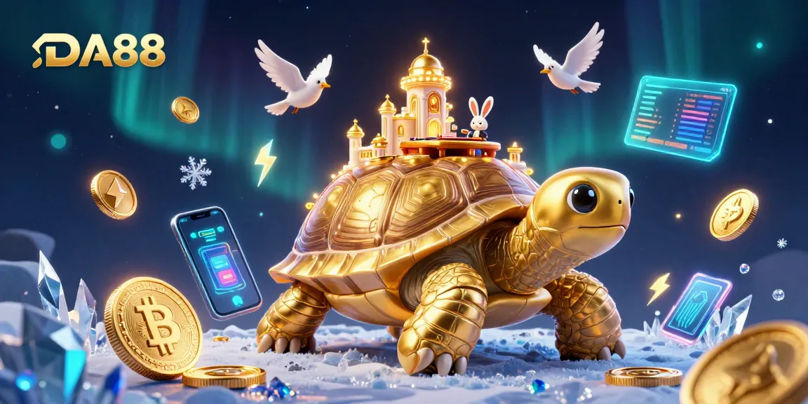 Experience the thrill of DA88 with a vibrant 3D casino scene featuring a golden tortoise, crypto elements, and a rabbit dealer.