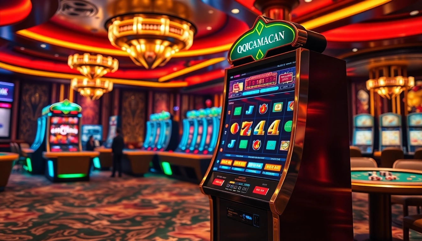 Experience the excitement of the qqmacan slot with modern design and vibrant casino atmosphere.