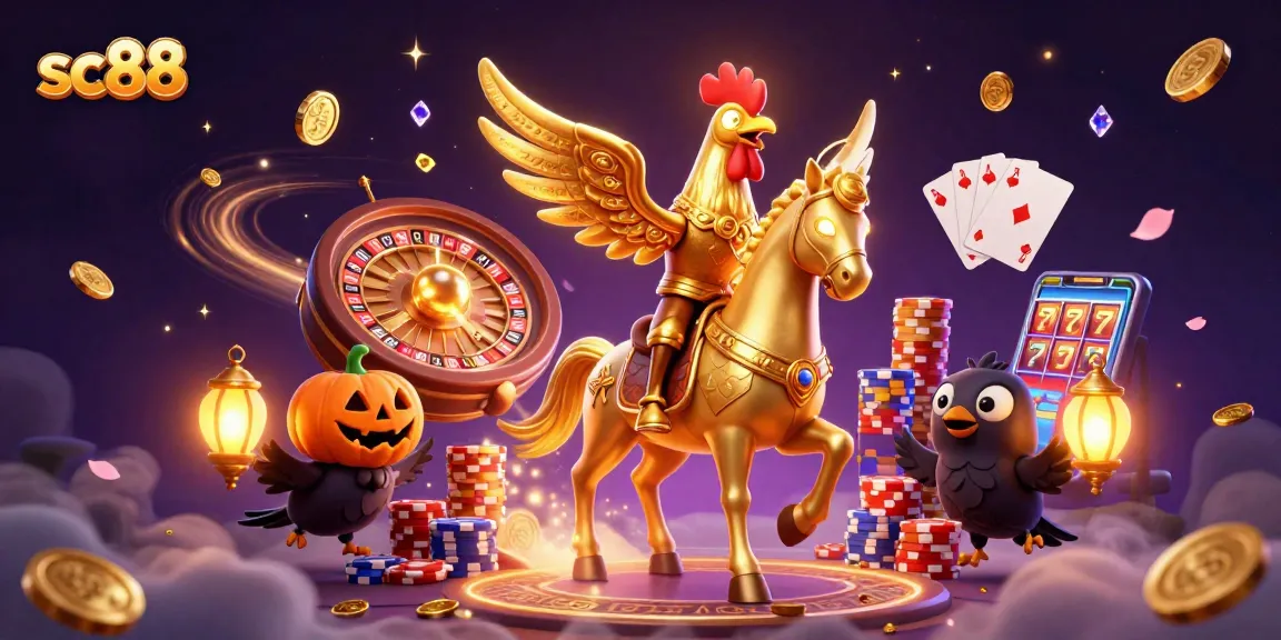 Win big at sc88 with a golden rooster and thrilling casino elements in an enchanting scene.