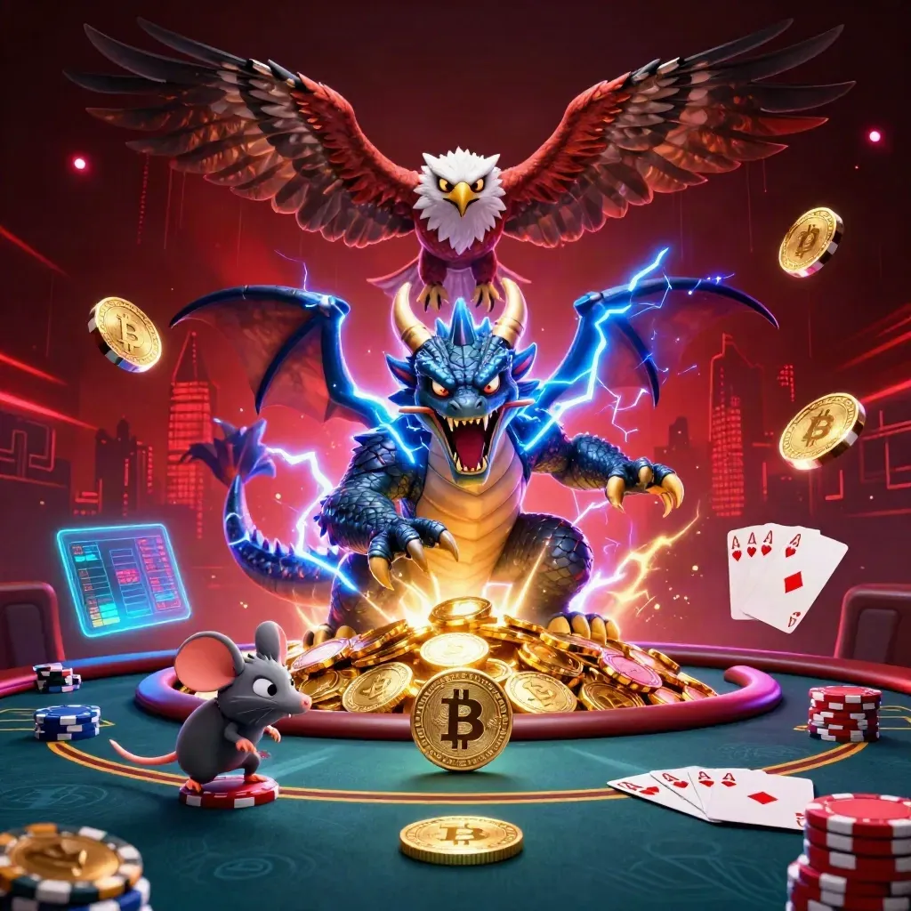 Thunder dragon, hawk and mouse around glowing gold chip stacks over a dark neon poker scene.