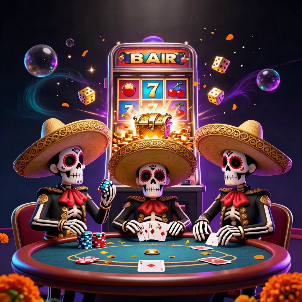 Skeleton mariachi trio amid poker chips, slot symbols, gold, and neon casino magic.