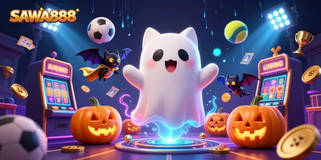Experience the excitement of SAWA888 with a captivating 3D casino scene featuring a friendly ghost cat and vibrant gambling elements.