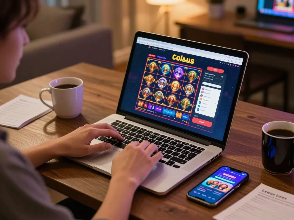 Savvy player engaged in situs slot gaming from a cozy home setup, focusing on responsible strategies.