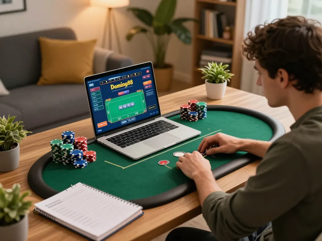 Engaged player participating in an online Domino88 poker game using a laptop at home.