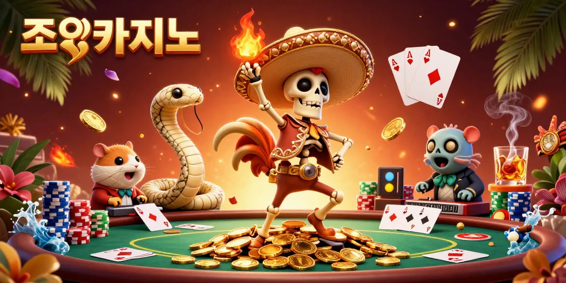 Experience thrilling gameplay at 조이카지노 with a lively casino illustration full of vibrant characters and elements.