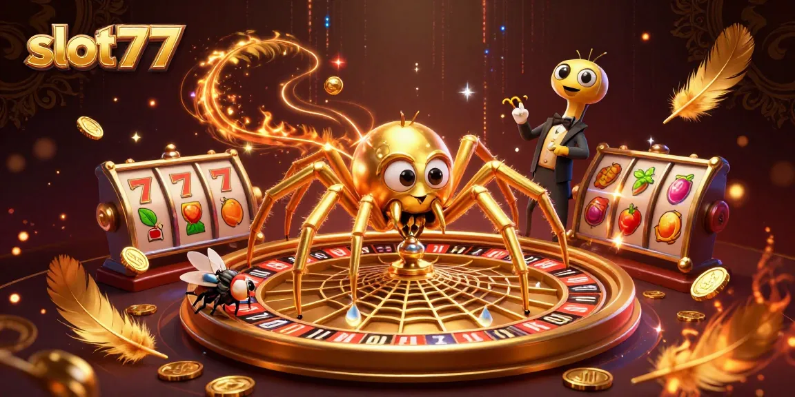 Bermain slot777 dengan tampilan 3D menakjubkan, menampilkan laba-laba emas dan centipede sebagai dealer.