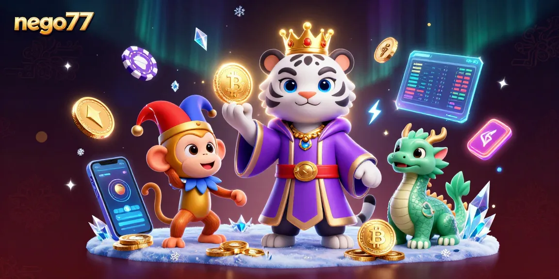 Engage with nego77's dynamic online slot experience featuring an elegant tiger and playful monkey.