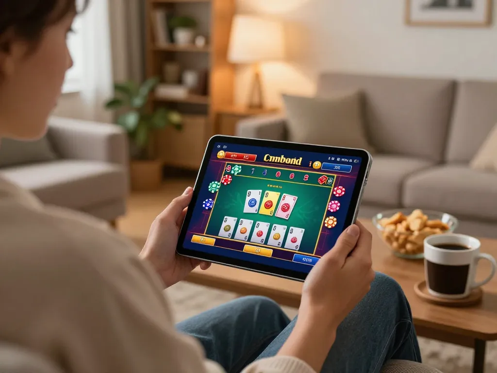 Player engaging with Nhà cái uy tín through tablet gaming interface in cozy home setting.
