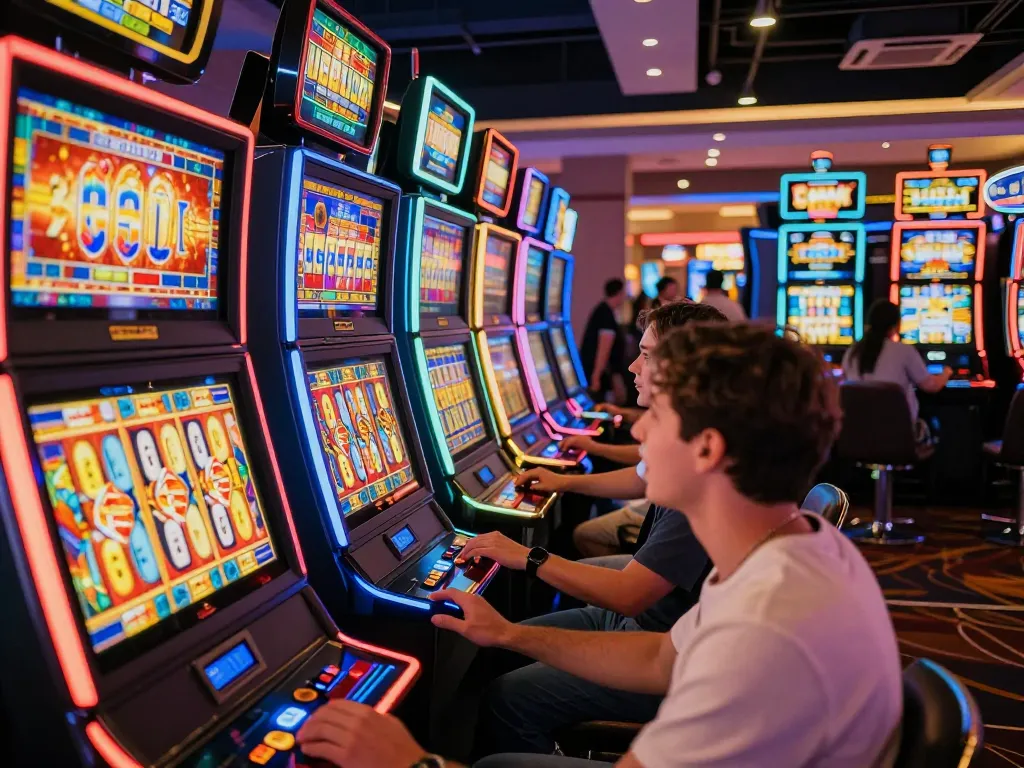 Players enjoying slot 777 games with excitement and colorful machines in a lively casino environment.