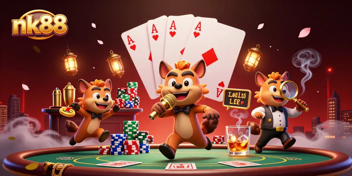 Enjoy thrilling games at nk88, featuring hyenas in a lively casino scene with poker chips and action.
