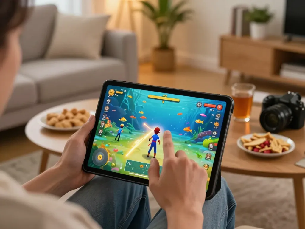 Engaging in ยิงปลา W69 game on a tablet, showcasing vibrant graphics and immersive gameplay.