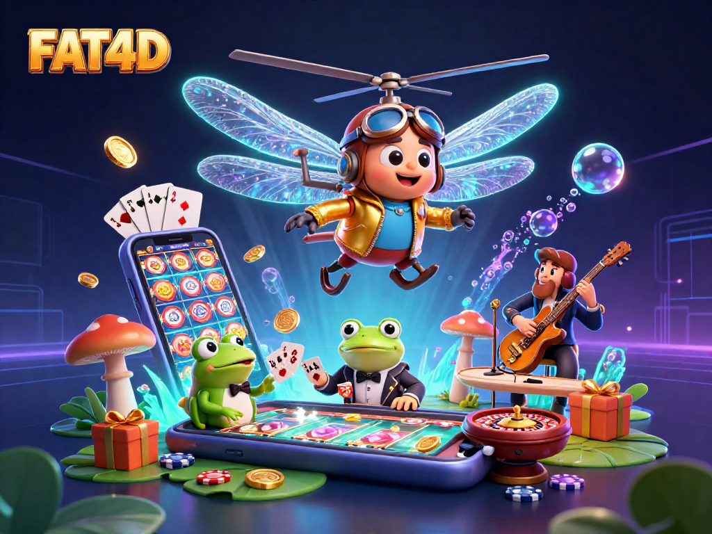 FAT4D showcases vivid slot gaming thrills as the dragonfly pilot hovers over vibrant gaming elements.
