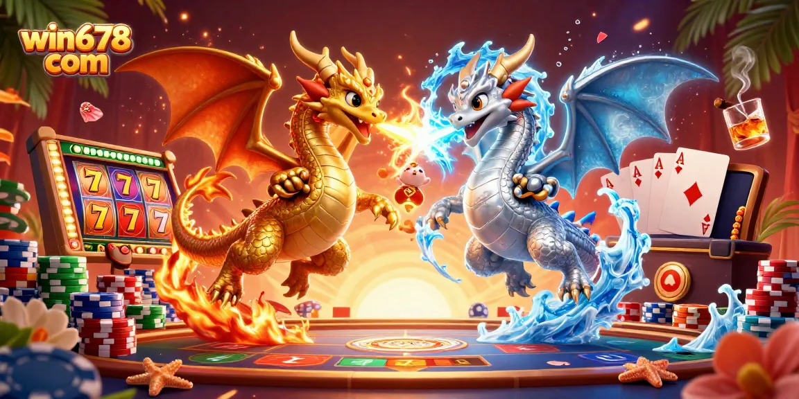 Experience thrilling gameplay at win678 com with dynamic slot reels and dragons in a vibrant casino setting.