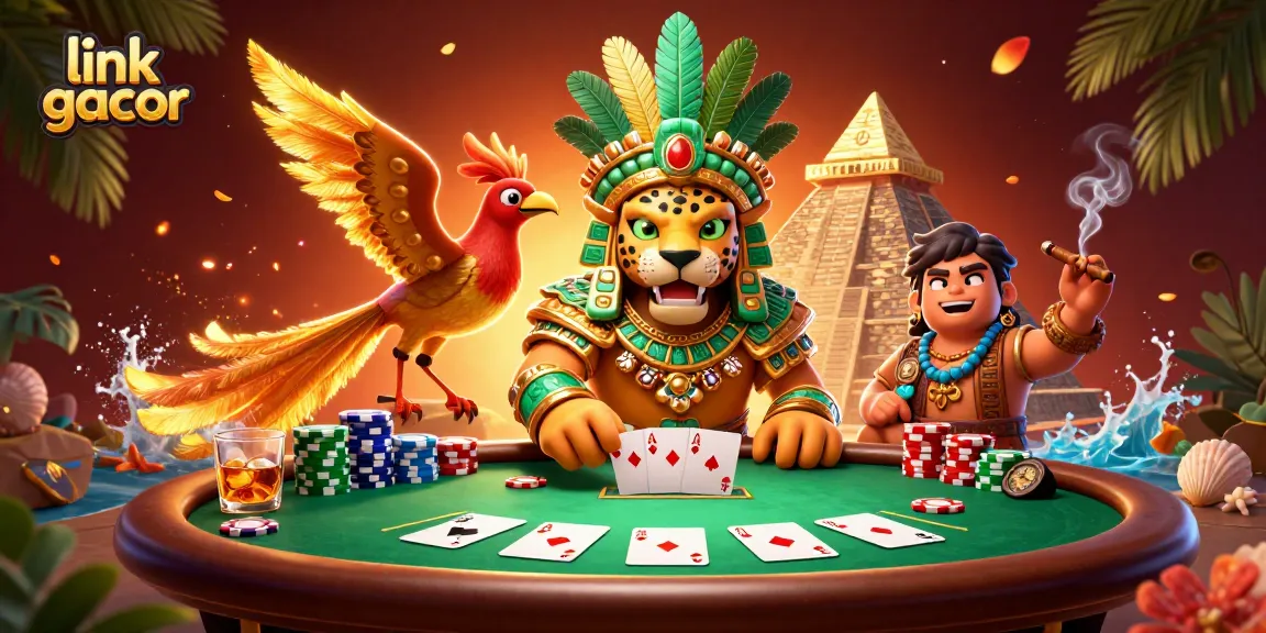 Engage with link gacor through a vibrant scene of a casino adventure featuring a Mayan jaguar priest and poker elements.