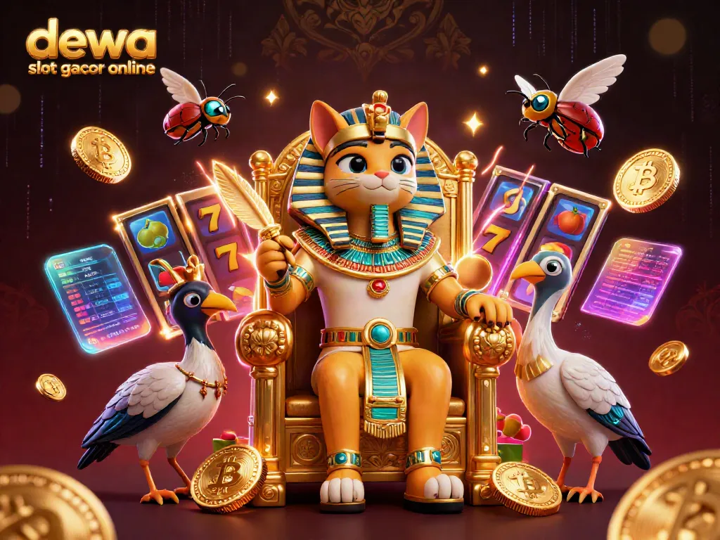 Menghadirkan dewa slot gacor online dengan simbol keberuntungan dan cat pharaoh dalam ilustrasi 3D ceria.