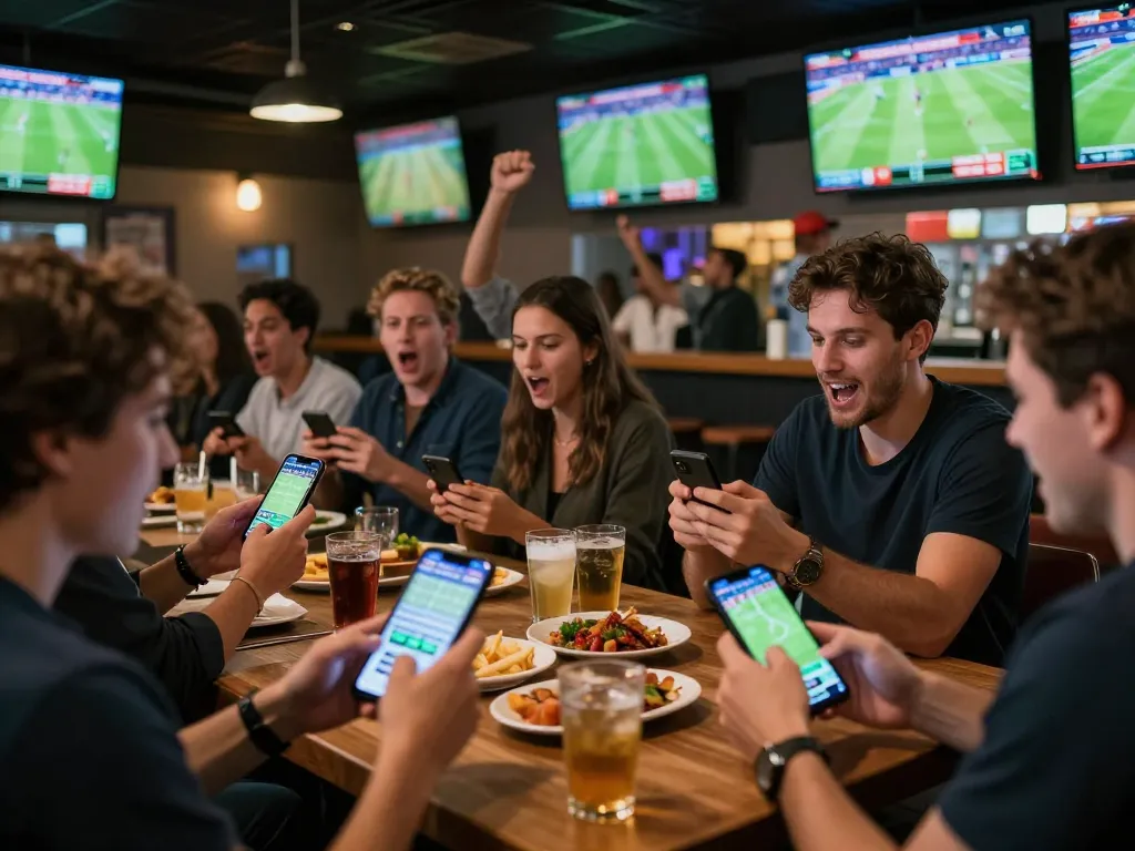 Bongdalu Pro users engaging in mobile sports betting at a bustling sports bar, showcasing excitement and strategy.