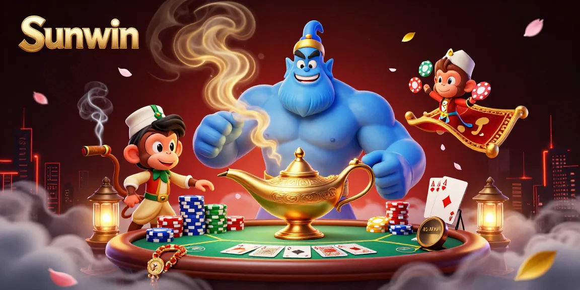 Experience thrilling gaming at Sunwin with a dynamic illustration featuring a genie, poker chips, and vibrant casino elements.