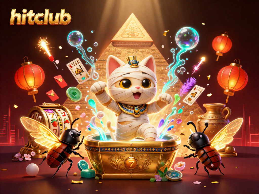 Hitclub offers an engaging pyramid casino scene with a mummy cat and dynamic gaming elements.