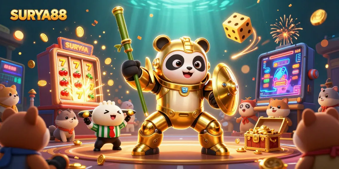 SURYA88 showcases an exciting jackpot scene with vibrant 3D characters and casino elements.