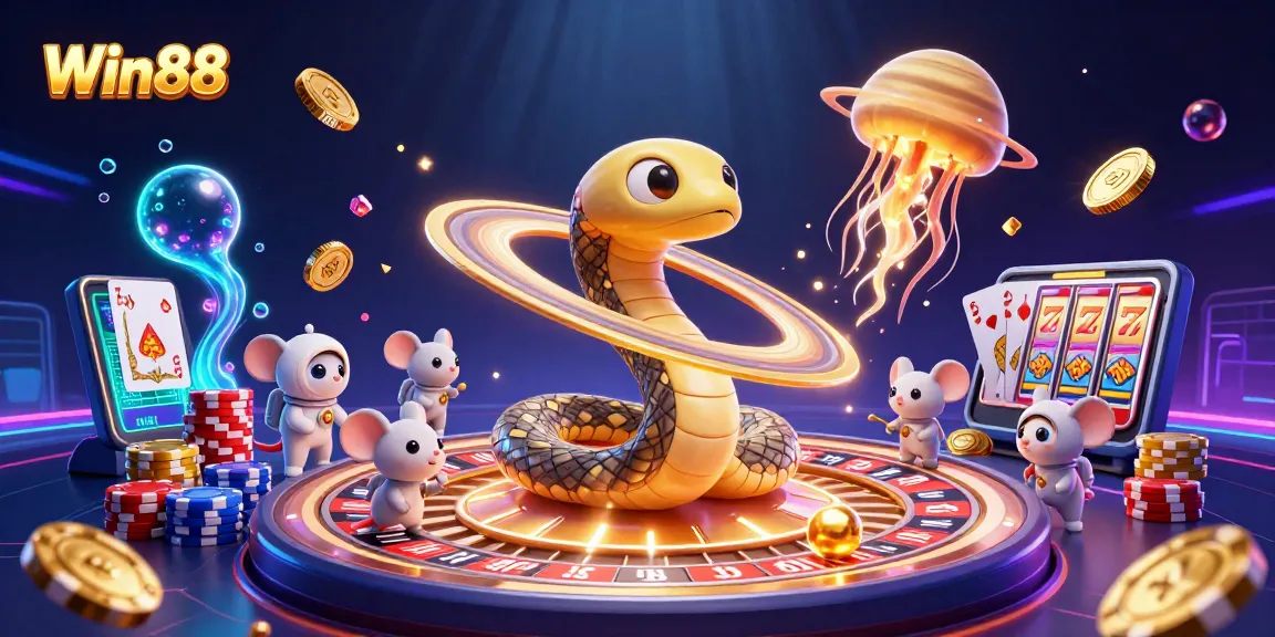Win88 fortune vibes with astronaut mice betting on Saturn’s roulette rings amidst a cosmic dealer jellyfish.