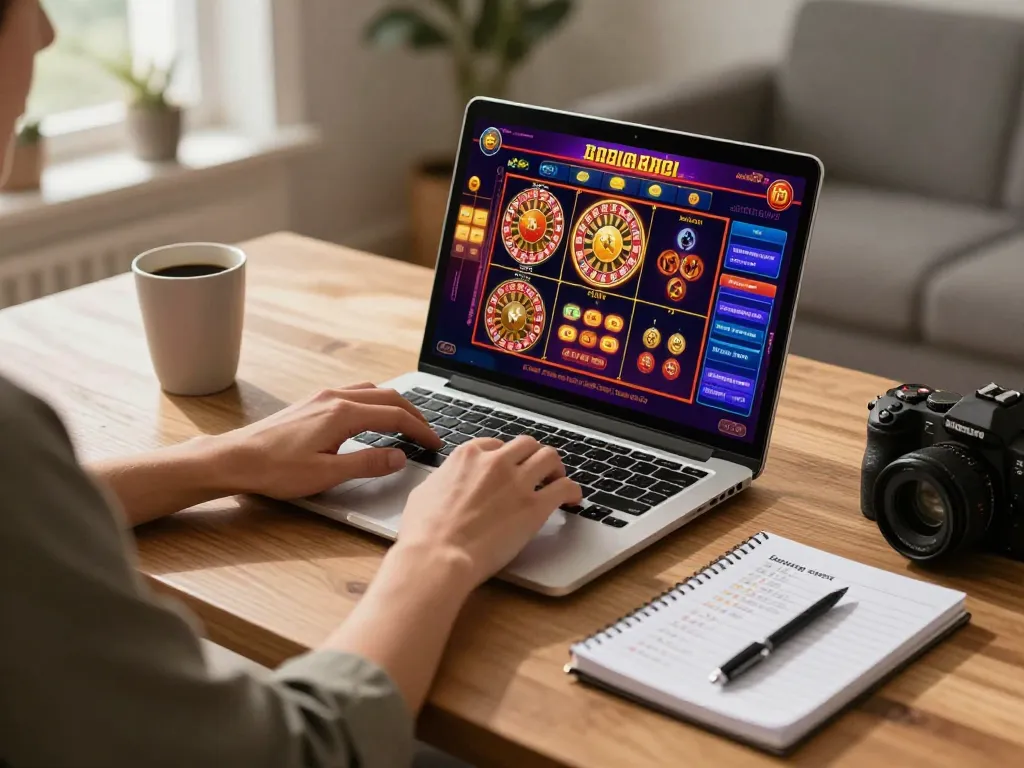 Players engaged in online gaming at Hi88, showcasing vibrant casino graphics on a laptop.