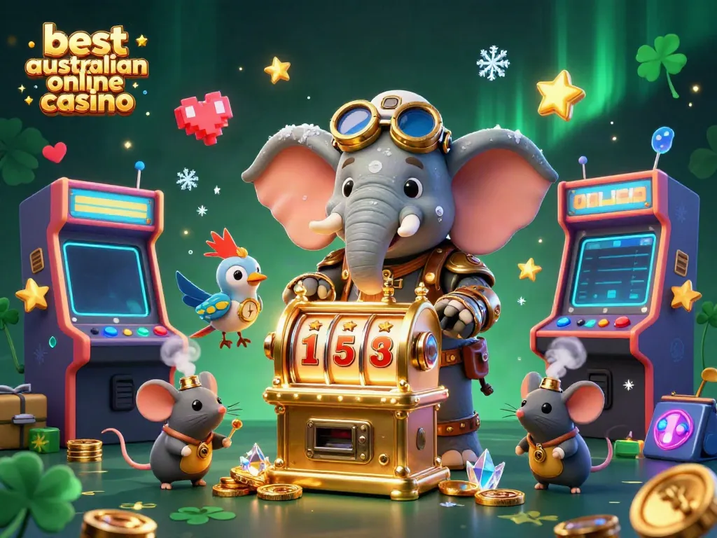 Experience the thrill at the best Australian online casino with a steampunk elephant operating a golden slot machine.