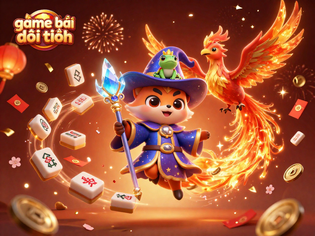 Engage in game bài đổi thưởng with a mystical wizard fox, phoenix, and enchanting visuals.