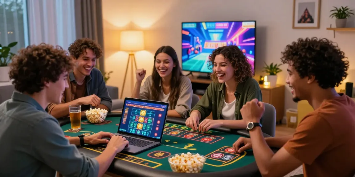 Friends enjoying the best online casinos together in a cozy living room, engaging with virtual pokies and table games.