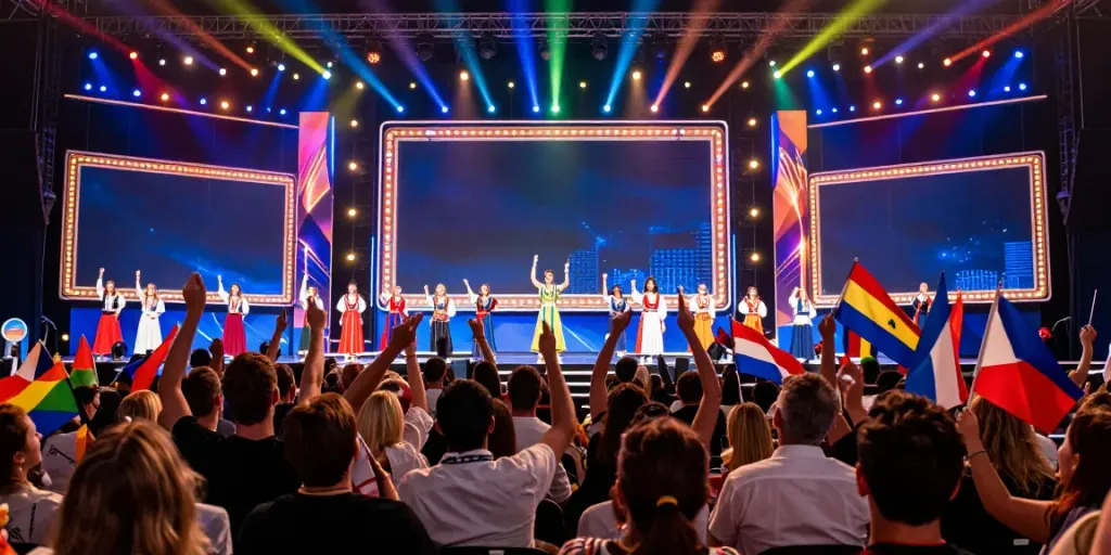 Vibrant audience at Eurovison 2027 final celebrating, showcasing Kur pramogauti events.