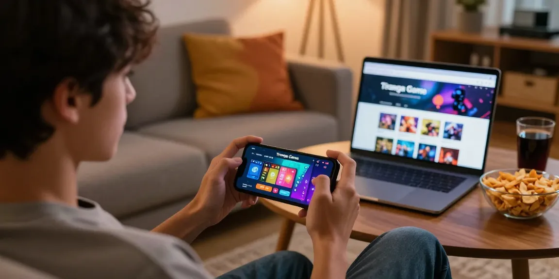 Tiranga Game Login scene with a user playing on a smartphone in a cozy living room, engaging in vibrant color prediction games.